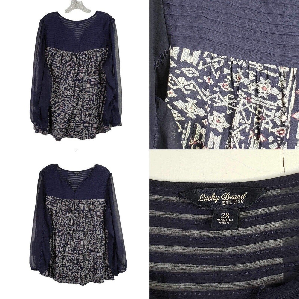 Lucky Brand Navy Blue Blouse Shirt Long Sleeve Sheer Plus Size 2X Boho